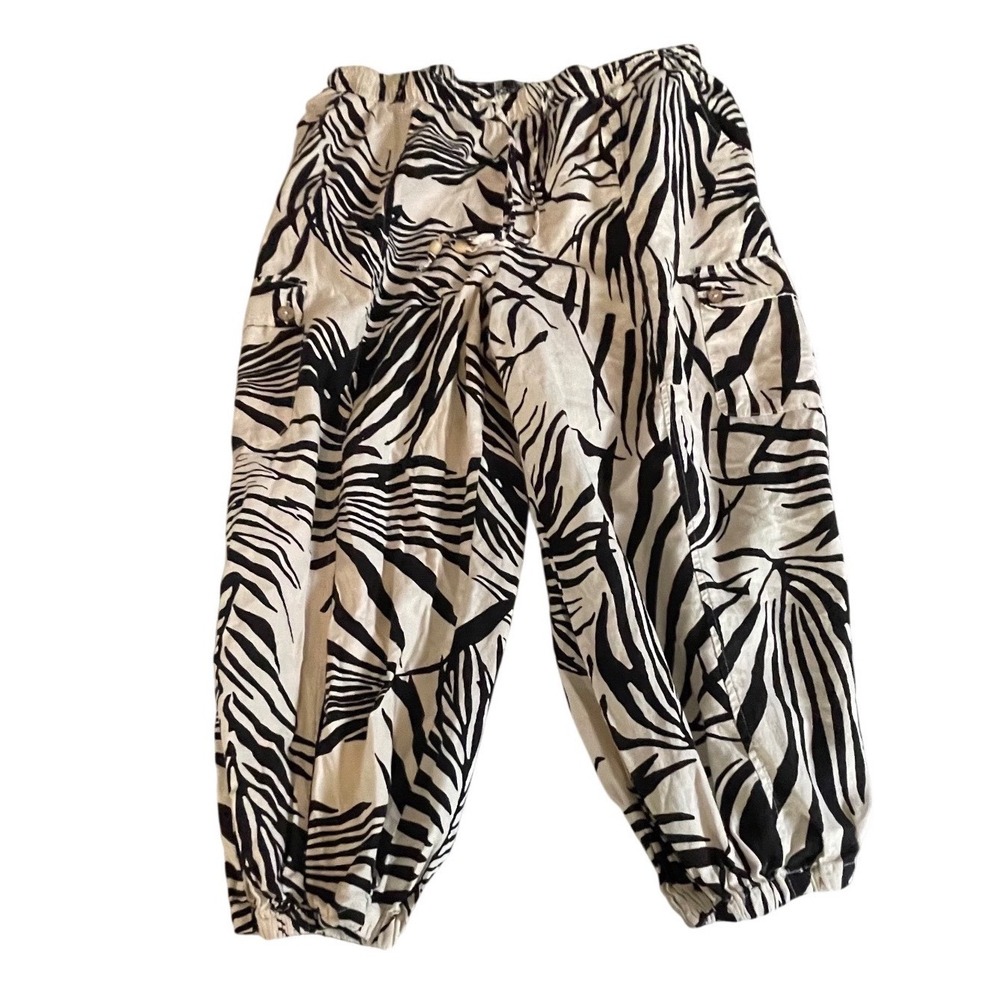 Rachel Zoe Zebra Palm Print Linen Blend Jogger Cargo Pants Cream Black 1X
